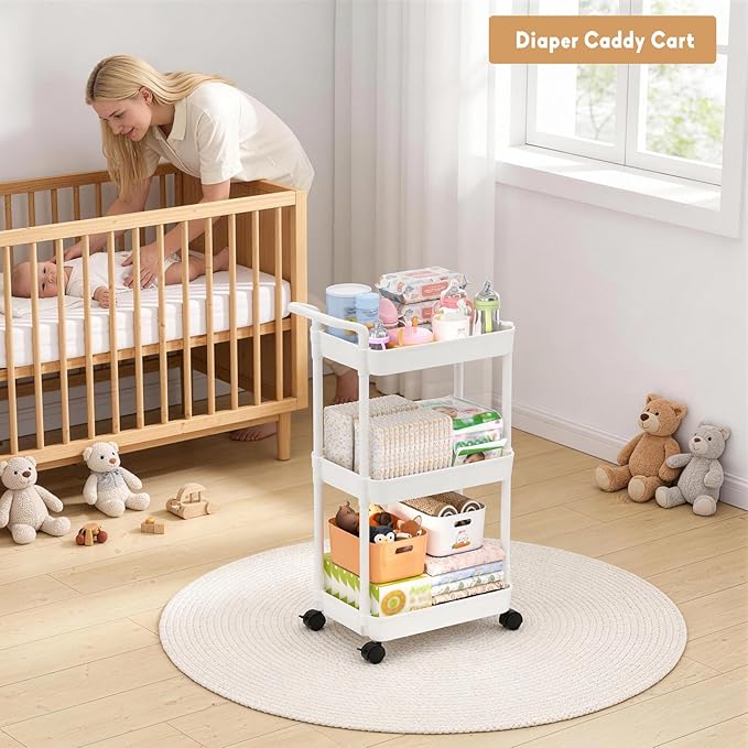 Volnamal Diaper Caddy, 3 Tier Rolling Cart for Baby Essentials, Off-White | Movable & Easy Assemble Cart for Newborn Nursery Essentials, Diaper Storage Organizer for Changing Table&Crib, Baby Registry