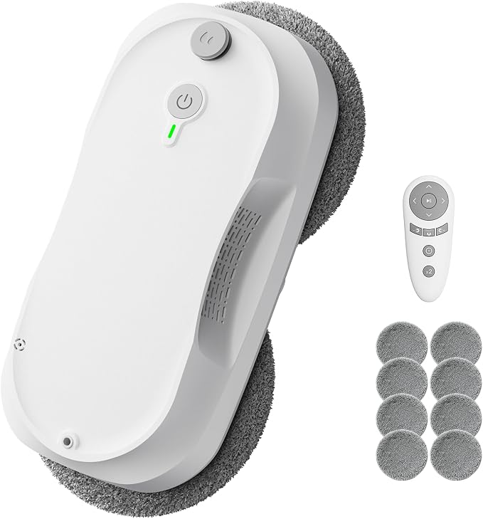 2026 Updated Window Cleaning Robot - Enhanced Battery, Max 6400Pa, Path Planning, Anti-Slipping, Edge Detection, Window Cleaner Robot for High-Rise Windows (2 pairs of nozzles, 10 cloths) (White)