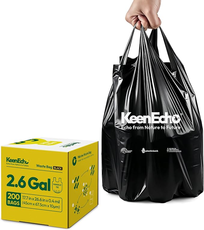 Small Trash Bags with Handles - Ocean Plastic Upcycling - Plastic Garbage Bags, Can Bin & Waste Basket Liner for Kitchen, Bathroom, Office and Pets,2.6 Gallon 200 Count Black