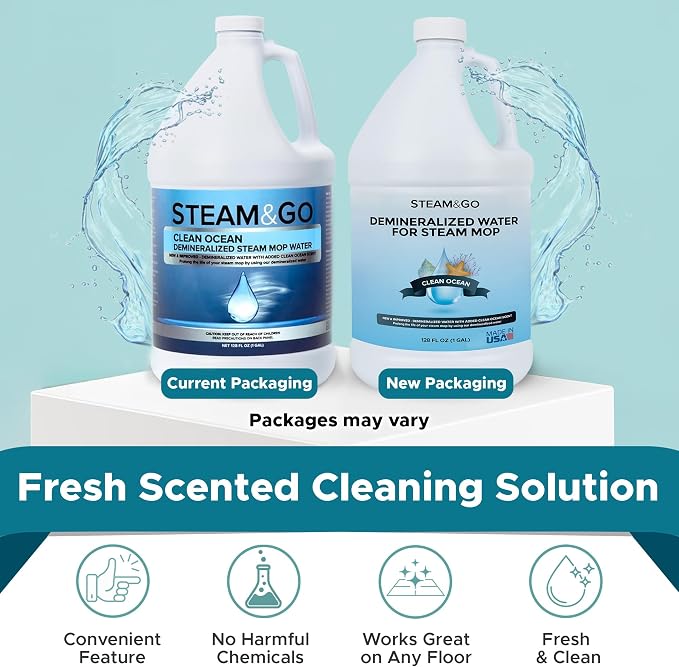 Steam & Go Demineralized Water for Steam Mop – Clean Ocean Scent, 128 fl oz (1 gal) | Scented Floor Cleaner Solution, Ready-to-Use, Compatible with Any Steam Cleaner | Mineral-Free, Ready-to-Use Floor & Garment Steamer Solution; Prevents Buildup, Suppo...
