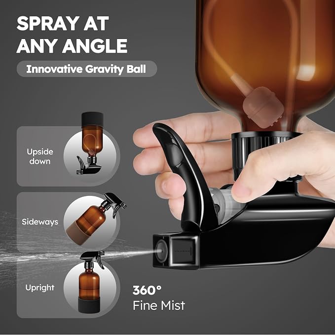 Tecohouse 360° 16 oz Clear Glass Spray Bottles with Silicone Sleeve 2 Pack | 360° All-Angle Spray, Non‑slip Silicone Protective Covers, for Cleaning Solutions, Plants, Hair Care (Black & Brown)