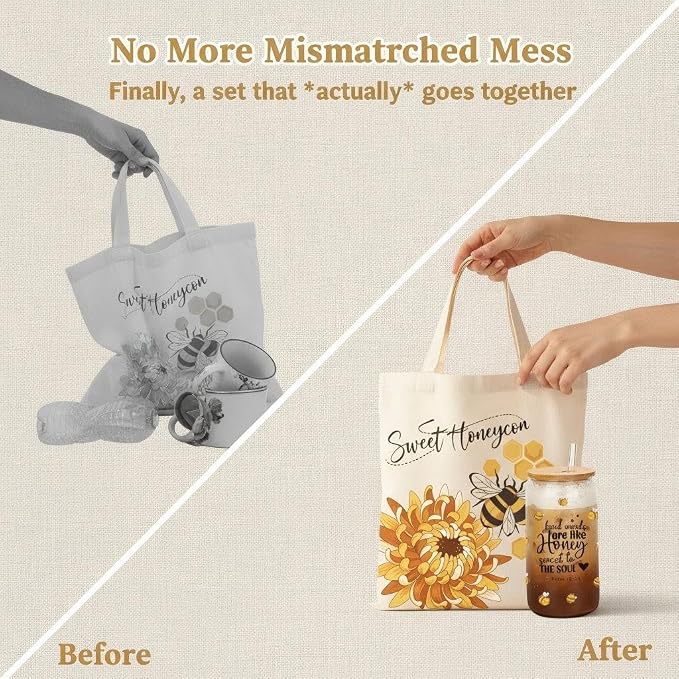 Bee 16 Oz Glass Tumbler, Bamboo Lid, Straw and Canvas Tote Set | Bee-Themed Glass Tumbler With Bamboo Lid, Straw and Matching Canvas Tote for Coffee, Iced Drinks and Thoughtful Gifts