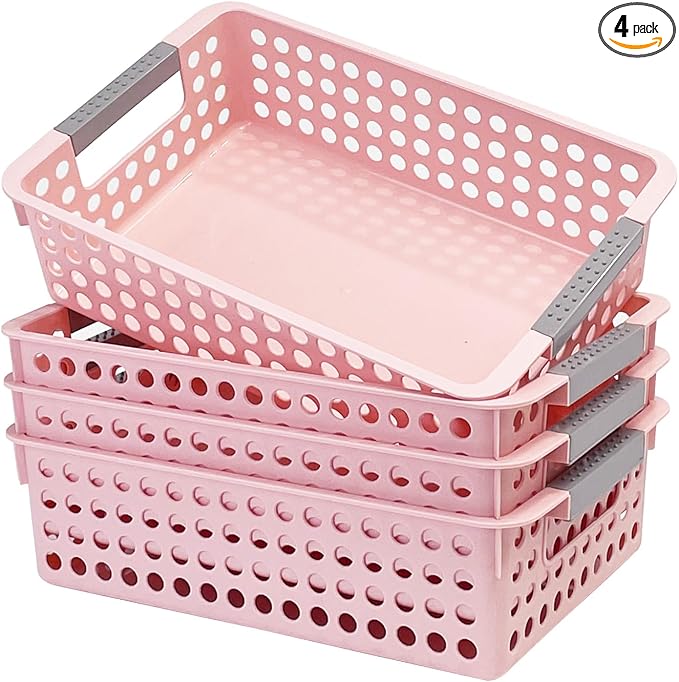 Soddeph 4 Pack Small Plastic Storage Baskets for Organizing, Stackable Bins with Handles for Shelves, Multipurpose Drawer Trays(Pink)