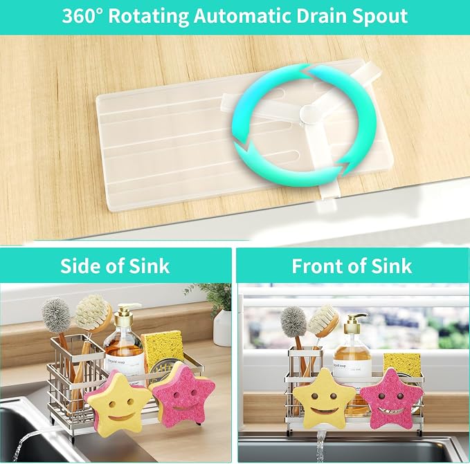 HapiRm Sink Caddy Sponge Holder - Self-draining Kitchen Sink Organizer with Smiley Face and Brush Holder, Stainless Steel Kitchen Sponge Caddy for Countertop - Brushed Nickel