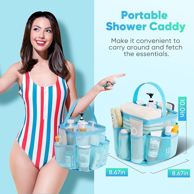 EUDELE 2 Pack Mesh Shower Caddy Portable for College Dorm Room Essentials, Shower Caddy Dorm with 9-Pocket Large Capacity,Shower Bag for Beach,Swimming,Gym All Black+All Ice Blue