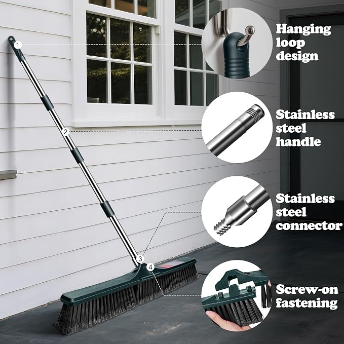 24" Push Broom Outdoor, Heavy Duty Garden Brush Broom with 58" Long Handle | Commercial Outdoor Broom for Deck Driveway Garage Yard Patio Warehouse Concrete Floor Cleaning