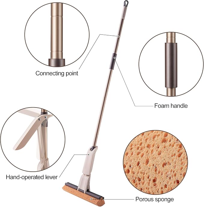 Eyliden Sponge Mop with 2 Reusable Heads, Self-Wringing Floor Absorbent Mop | 13" Honeycomb Sponge, Quick Wring, Home Commercial Use, Kitchen Bathroom Hardwood Laminate Tile Marble Floors Cleaning