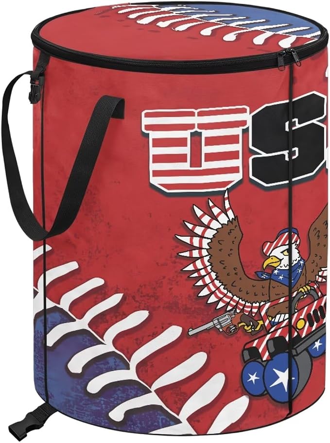 USA American Eagle Collapsible Trash Can 24 Gallon Foldable Garbage Bin with Lid, Waterproof Trash Bag Holder for Outdoor Camping, Patriotic Party Decor, Red White Blue Design