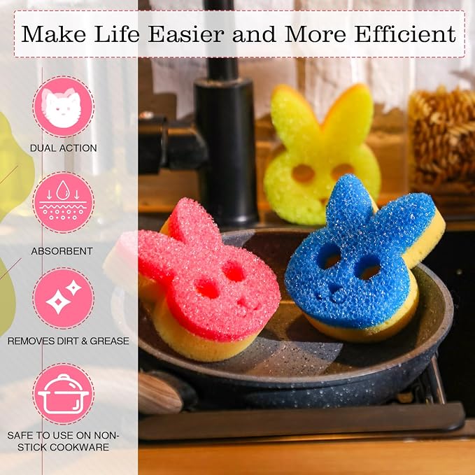 FillTouch Rabbit 3 Pcs Scrub Sponge, Pink, Yellow, Blue | Soft Non-scratch Cat Sponge, Dual Sided, Temperature Sensitive, Easy Clean, Multi Functional Sponge for Kitchen, Bathroom