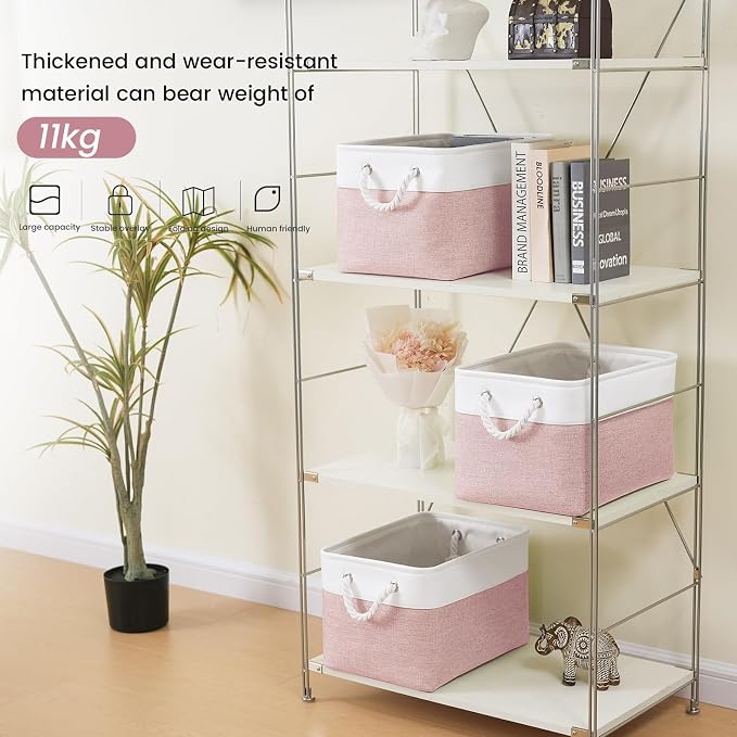 15x11x10 In Foldable Fabric Large Storage Bins with Handle 1 Pack | Organizer Baskets, Sturdy Metal Strand, Cardboard Support Molding, Storage Baskets for Shelves, Closet, Bedroom, White/Pink
