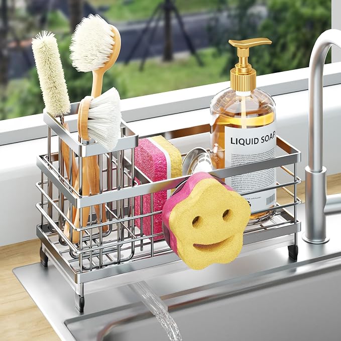 HapiRm Sponge Holder for Kitchen Sink - Self-draining Sink Caddy with Smiley Face and Brush Holder, Stainless Steel Kitchen Organizer for Countertop - Silver