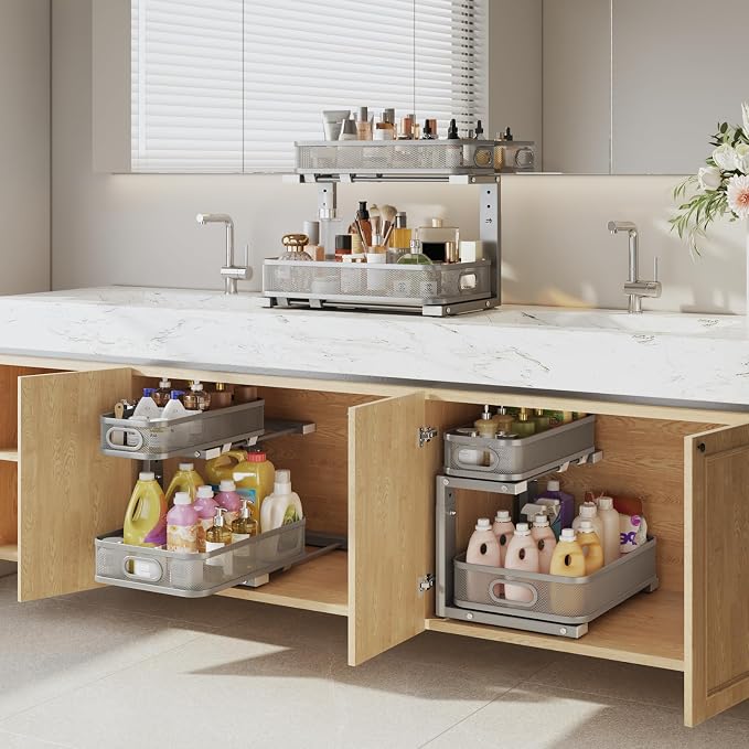 2 Pack 17.3IN-Depth Under Sink Organizer with Smooth Cylindrical Rail,2-Tier Pull Out Multi-Purpose Cabinet Storage for Bathroom&Kitchen,Height Adjustable,Rust-Resistant Coating-Gun Gray