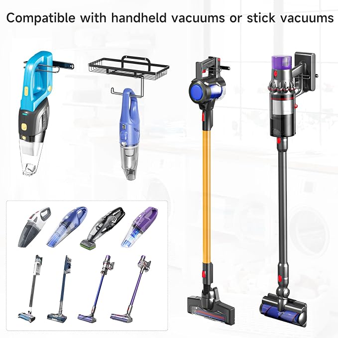 Vacuum Holder Wall Mount, Cordless Vacuum Wall Mount Holder for Handheld & Stick Vacuums Accessories, Heavy Duty Metal Vacuum Stand with Storage (Black)