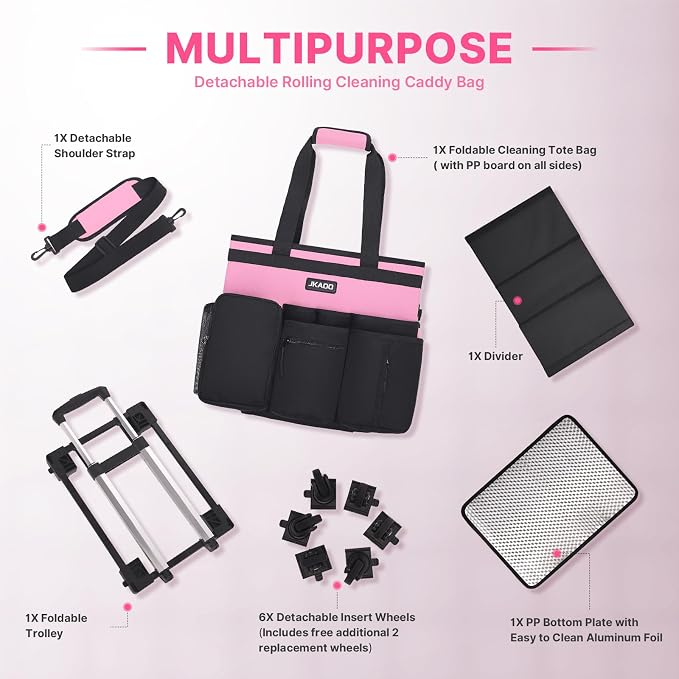 JKAOO Large Rolling Cleaning Caddy Bag with Detachable Trolley, Pink | Waterproof Cleaning Caddy with Wheels, 40L Wheeled Organizer Cart for Supplies, Housekeepers, Home, Office, Car, Picnic