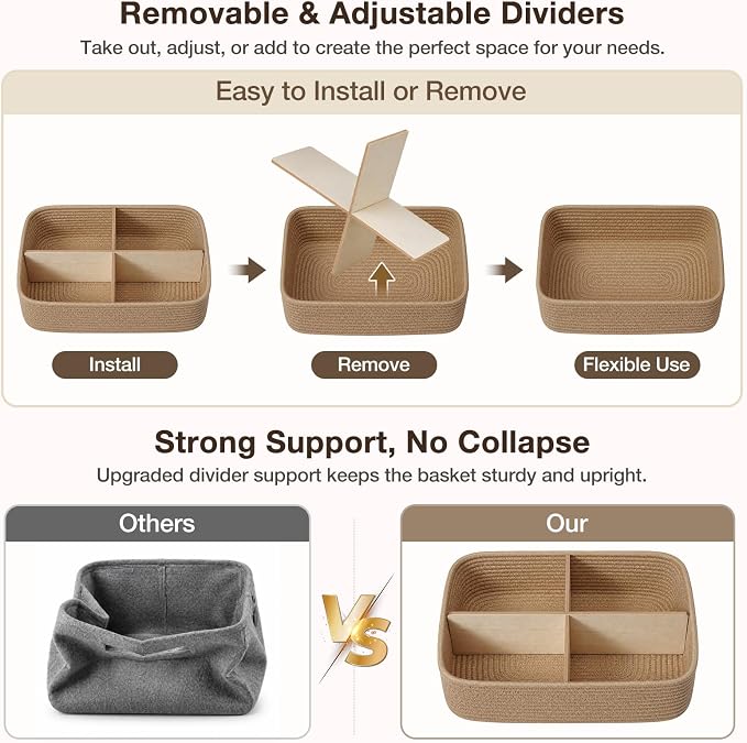3 Pack Small Baskets for Organizing, Woven Storage Baskets for Shelves | 11.8x7.8x3.8 in Cotton Rope Baskets, Toy Baskets Storage Kids, Basket Organizer, for Living Room, Bedroom, Nursery, Mix Brown
