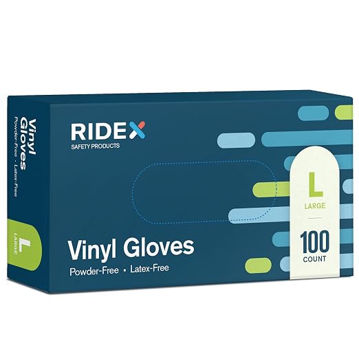 Ridex Disposable Vinyl Gloves - Large [100-Count] Powder-Free | Latex-Free Clear Vinyl Gloves, Powder-Free All-Purpose Gloves, Dispenser Box Gloves 100 Pieces, Medical Grade