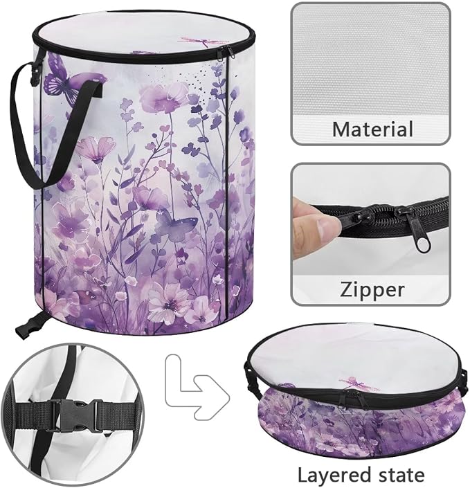 Butterfly Flower Collapsible Recycling Bin 24Gal - Compost Waste Container w/Sorting Clips & Lid | Waterproof Pop-Up Design for Lawn, Camping, Yard Waste Gifts for Outdoor Workers