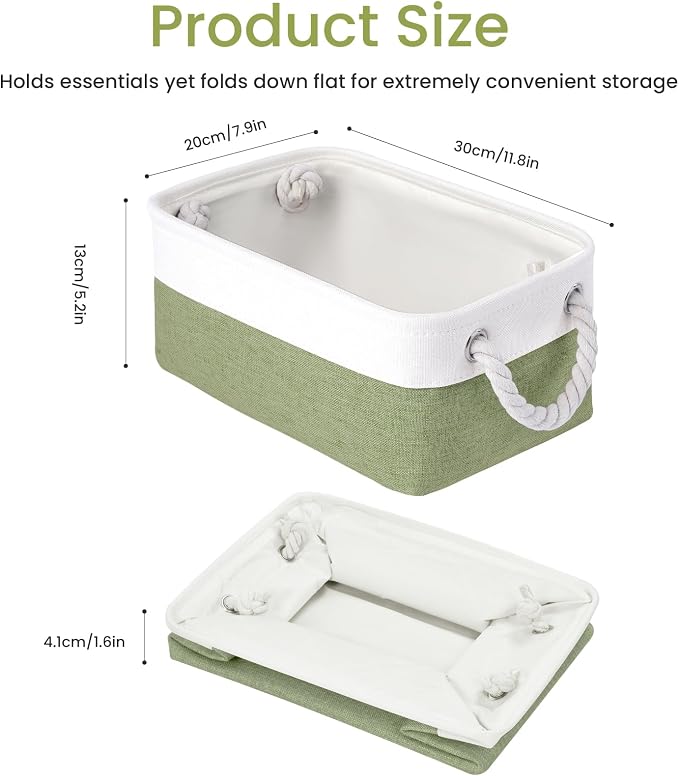 11.8x7.9x5.2 Inch Fabric Small Storage Bins with Handles 1 Pack | Foldable Storage Basket, Sturdy Metal Strand, Cardboard Support Molding, Small Baskets for Organizing, Shelves, White/Green