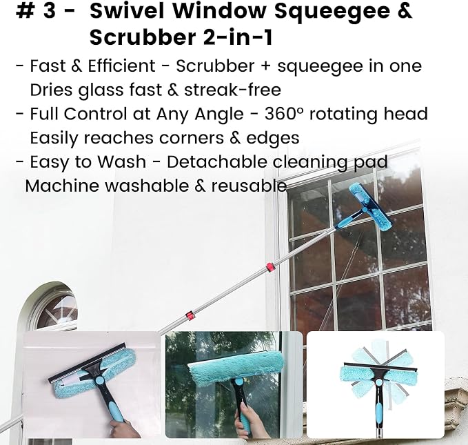 Ceiling Fan Duster Kit 5-in-1 – Screw-On Cobweb Duster, Squeegee & Microfiber Heads – Washable Bendable – Fits Standard 3/4" Threaded Extension Pole – House Cleaning Kit, Blue