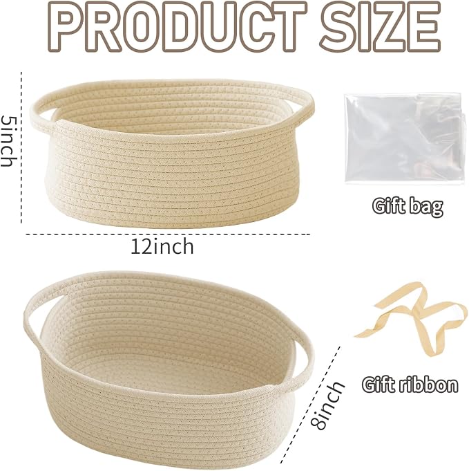 JMvicyroam Small Woven Basket, Empty Gift Basket, Beige/1 Pack | Small Gift Basket, Cotton Rope, 12 x 8 x 9 in, Handles, Includes Ribbon and Bag, Birthday Gift Basket