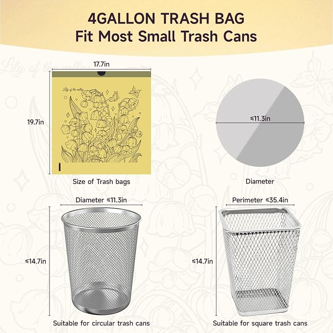 Floral Scent Collection Garbage Bags(Lavender,Jasmine,Rose,Lily of the valley) Trash Bags 4 gallon Drawstring For Bathroom,Office,Bedroom,Car,Flower Printing,Pack of 4(200 Counts)