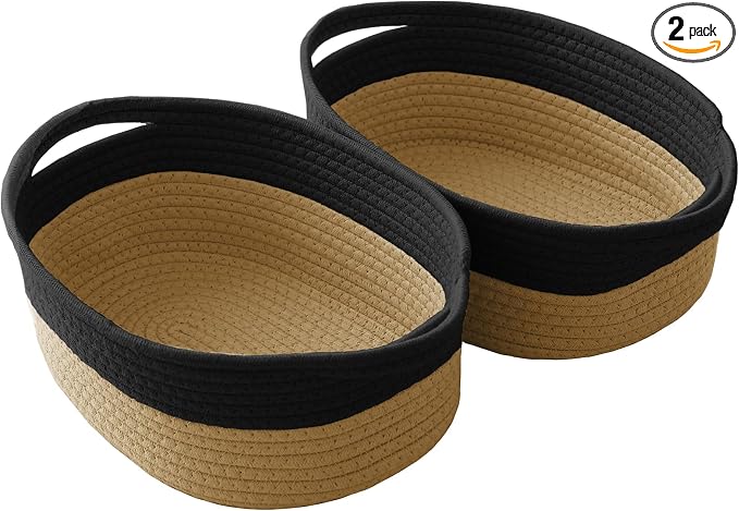 JMvicyroam Small Woven Basket, Empty Gift Basket, Black&Jute/2 Pack | Small Gift Basket, Cotton Rope, 12 x 8 x 82 in, Handles, Includes Ribbon and Bag, Birthday Gift Basket