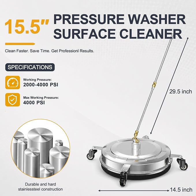 Pressure Washer Surface Cleaner with 4 Wheels-Stainless Steel Power Washer Accessories for Concrete Driveways Sidewalks Patios Cleaning (14.5 INCH Silver)