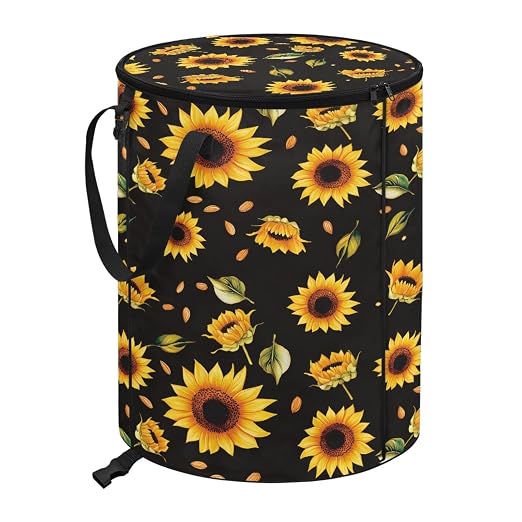 BIGCARJOB Sunflower Collapsible Trash Can Portable Tall Trash Can Oval Recycling Bin 22.83x17.71 Outside Garbage Bin Storage Bag with Clip and Zipper Lid