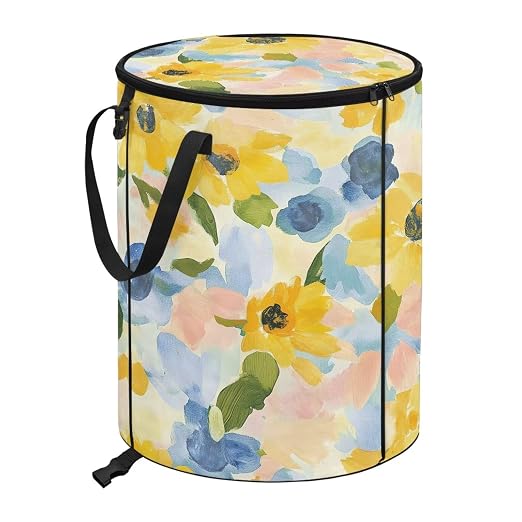 Yellow Floral Collapsible Trash Can 24 Gallon Pop-Up Outdoor Garbage Can with Handles Waterproof Lightweight Storage Bag with Lids for Laundry Toy Room Garden Patio Camping