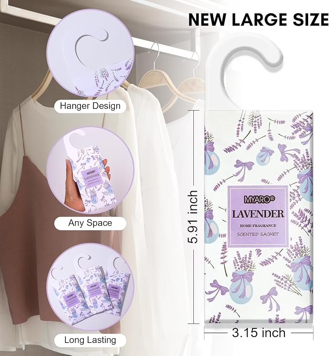 MYARO 12Pcs Lavender Sachets Hanging Car Air Freshener, Closet Deodorizer | Long-Lasting Sachet Bags, Odor Eliminator for Closet, Drawer, Bathroom, Clothes, Fabric Refresher, Home Fragrance Gift Set
