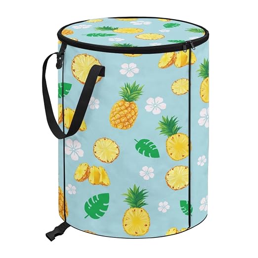 BIGCARJOB Pineapple Collapsible Trash Can Portable Tall Trash Can Holder Oval Recycling Bin 22.83x17.71 Outside Garbage Bin Bag with Clip and Zipper Lid