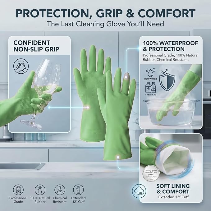 ForPro Natural Rubber Gloves, 6 Pairs Reusable Multi-Purpose Household Cleaning Gloves with Soft Inner Lining, Waterproof & Chemical-Resistant, Lime Zest, X-Large