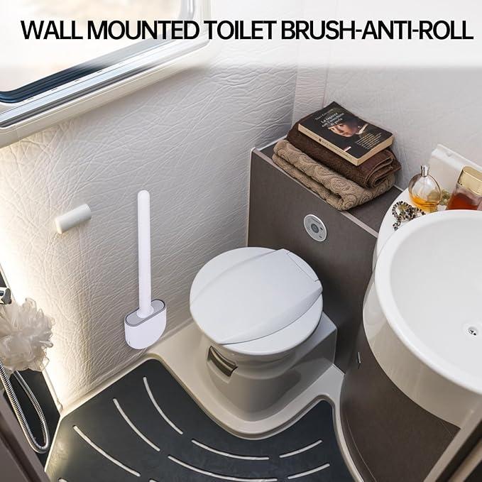 RV Silicone Toilet Brush with Holder, Drill-Free Wall Mounted Toilet Bowl Cleaner, Anti-Drip Anti-Roll Compact Brush for RV Camper & Small Bathroom (Green)