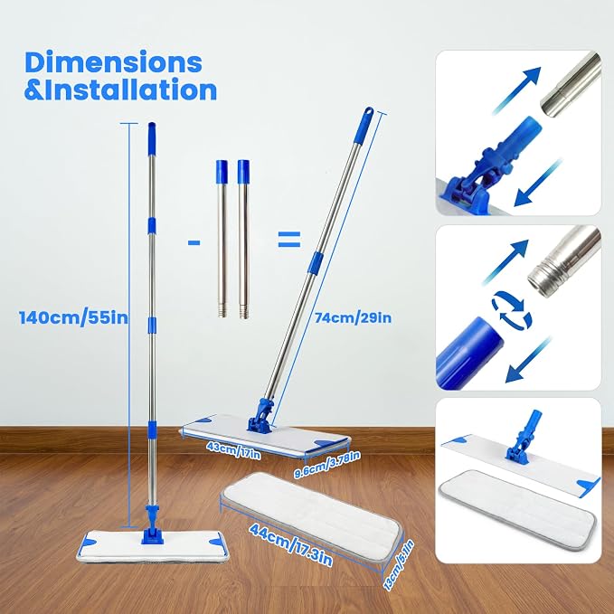 18" Professional Microfiber Mop, Flat Mop with Aluminum Alloy Base&Stainless Steel Handle for Floor Cleaning, Wet Dry Dust Floor Mops for Hardwood, Tile, Laminate