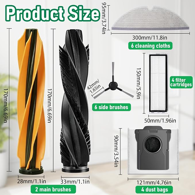 24Pcs Replacement Accessories Kits for Dreame D20 Plus | 24pcs kit for D20 Plus: 4 main brushes, 4 HEPA filters, 4 airtight bags & 6 mop pads for corner-to-edge pet hair cleaning