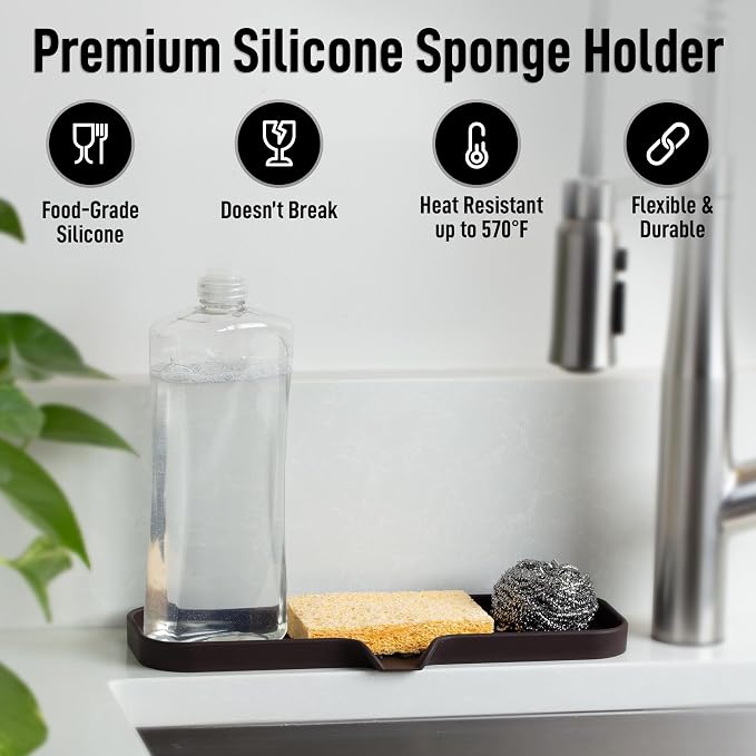 Zulay Kitchen Large Silicone Sponge Holder (12x4) – Flexible Sink Organizer Tray for Kitchen & Bathroom – Multipurpose Soap Dish for Sponges, Makeup, Trinkets & More (Chocolate)