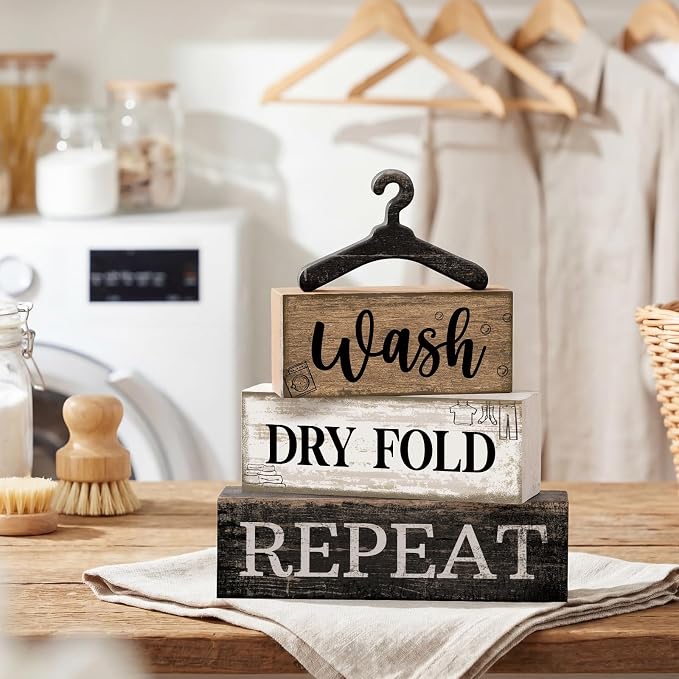 Moucuny 4 Pcs Farmhouse Laundry Room Decor Stacked Blocks Rustic Home Decor | Wash Dry Fold Repeat Blocks Sign, Funny Laundry Accessories, Housewarming Gift, Tabletop Display for Home Decor