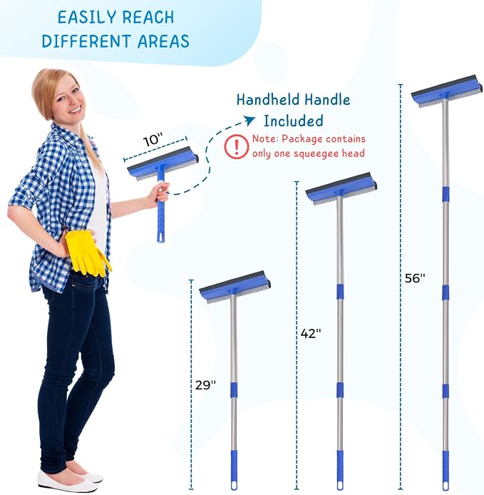 Window Squeegee for Home, 56'' Long Handle Shower Door Cleaner Tool, 2-in-1 Glass Scrubber for Car Windshield Cleaning
