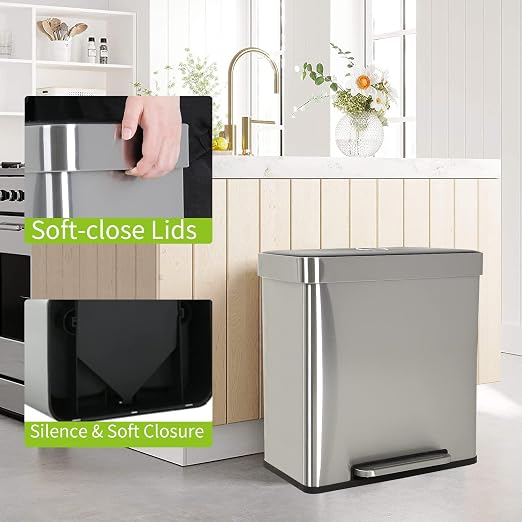 Kitchen Trash can Brushed Stainless Steel Dual Trash can 2 x 8 Gal Garbage Can Kitchen Step Trash Can with Soft-Close Lid Mute Designed Trash Bin for Office, Silver