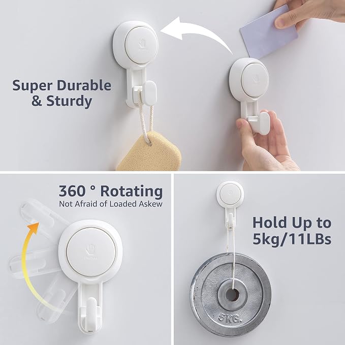 LEVERLOC 4 Pack Suction Cup Hooks for Shower,Towels Looafhs Bathrobe, Black | Removable Shower Hooks for Inside Shower, No-Drill, Strong Suction, Bathroom Window Wall Glass Door Tile Hanging, Waterproof