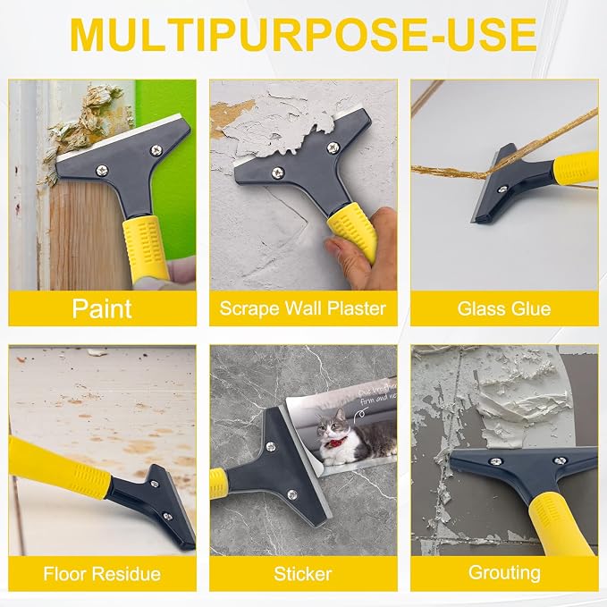 KeFanta Scraper Tool, 4" Wide Heavy Duty Floor Scraper, 45.7" Long Handle | 10PCS Extra Metal Blades, Razor Blade Scraper For Cleaning Windows Glass Shower Gum Tile Ceiling