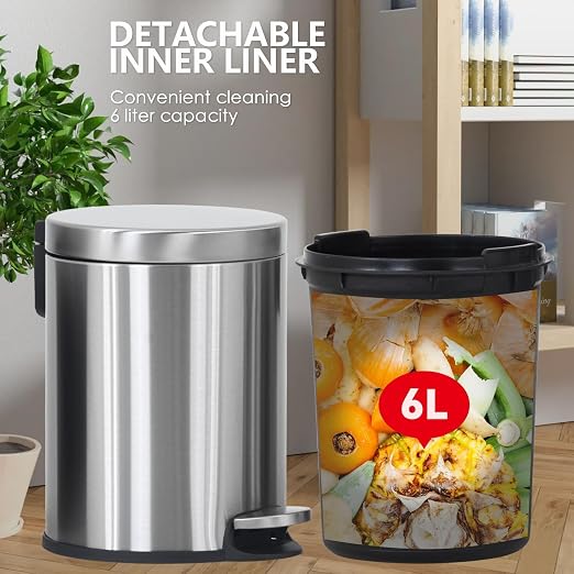 Trash Can, Mini Stainless Steel 6 Liter/1.6 Gallon Bathroom Trash Can Step Garbage Can Round Trash can with Lid w/Removable Inner Bucket Waste Basket for Bathroom Kitchen Office