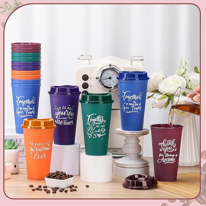 Pickmesh Housekeeping Employee Appreciation Gift Cup, Multicolor, 15 Pcs | 16 oz Plastic Tumblers with Lids, Reusable Coffee Cups, Thank You Gifts, for Staff Volunteer Coworker Teacher