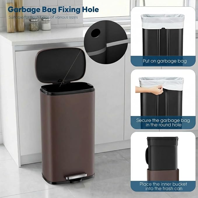 8 Gal Kitchen Trash Can, 30L Recycling or Garbage Bin, with Step-On Pedal | Brushed Stainless Steel Waste Basket, Soft&Quiet Close Dustbin, Removable Inner Bucket, for Home, Office, Living Room