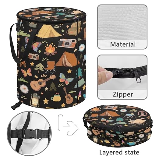Black Collapsable Trash Can with Lid 20+ Gallon Cute Trash Can Bags with Butterfly Tent Print Waterproof Outdoor Garbage Cans for Camping, RV's, Picnic