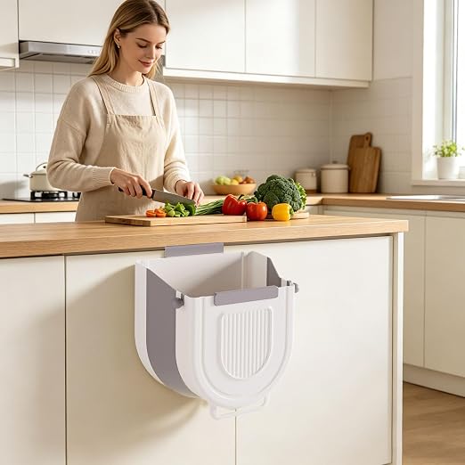 Multipurpose Hanging Collapsible Trash Can for Kitchen, Foldable Waste Bin with Space Saving Design, Wall Mount Cabinet Door Garbage Can for Peels Recycling (Grey, Small)