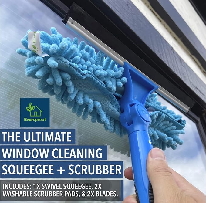 EVERSPROUT Swivel Squeegee & Microfiber Window Scrubber, 1.5 to 3ft Pole | 2-in-1 Window & Glass Cleaning Combo, Swivels to 7 Angles, 10-inch Blade, 8-10ft Standing Reach, Machine Washable, Non-Slip