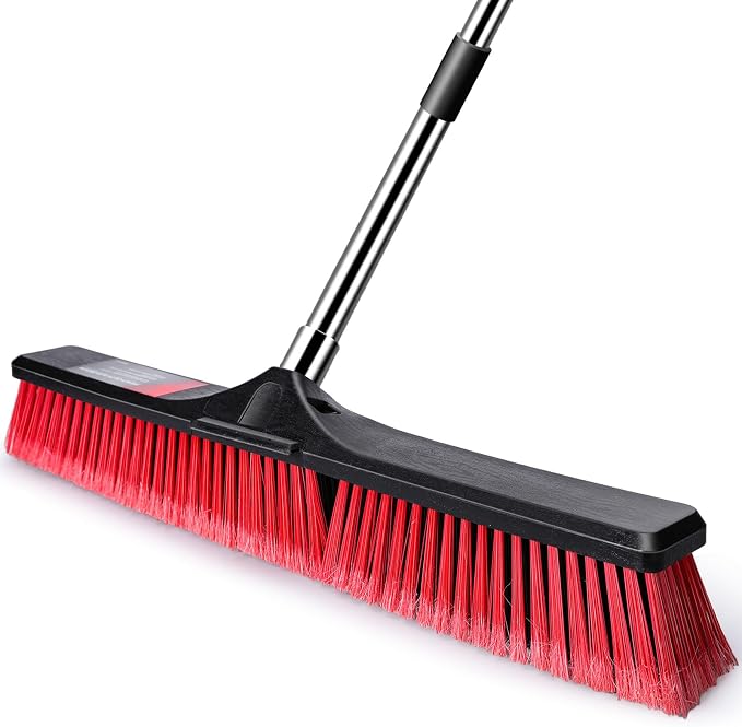 24" Push Broom Outdoor, Heavy Duty Garden Brush Broom with 58" Long Handle | Commercial Outdoor Broom for Deck Driveway Garage Yard Patio Warehouse Concrete Floor Cleaning
