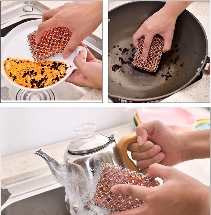 2026 Upgrade 316 Stainless Steel Pan Cleaner,4.5 Inch Triple-Ring Chain Mail Scrubber with Silicone Core, Cast Iron Pot Brush for Easier Removal of Stubborn Oil Stains & Food Residue–Orange