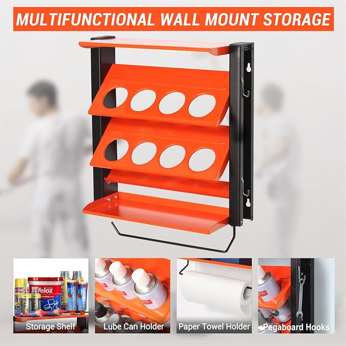 Spray Can Holder, Wall Mount Paint Bottle Organizer 8 Holes & 2 Shelves | Heavy Duty Lube Can Organizer with Paper Towel Holder for Garage & Home